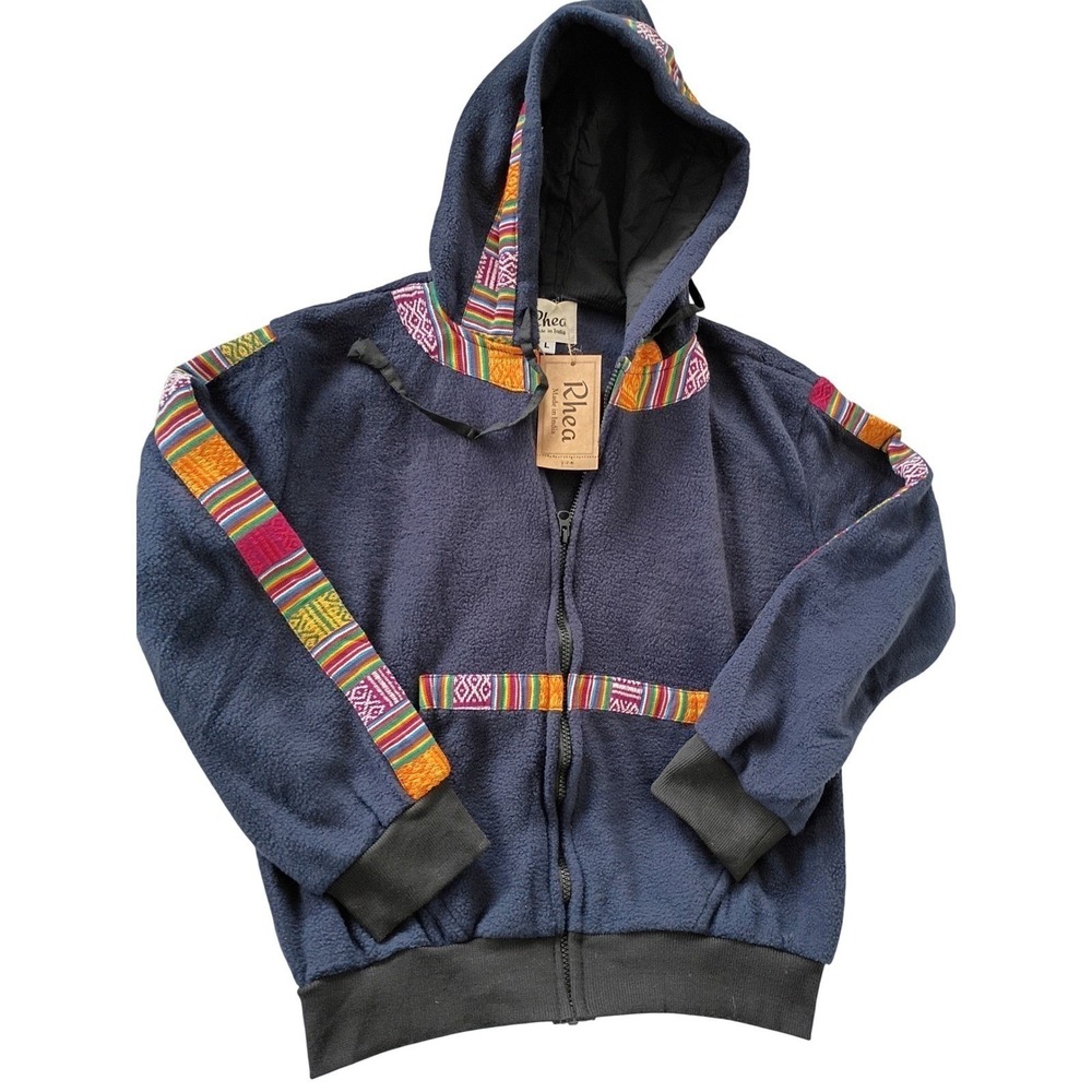 NWT Rhea Artisan Fleece Hoodie Jacket Navy Boho Trim Zip Up Women Unisex L NWT - Picture 4 of 10